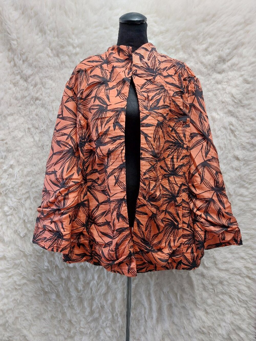 Silk Land Women's 100% Silk Orange Bamboo Leaf Print Open Front Jacket